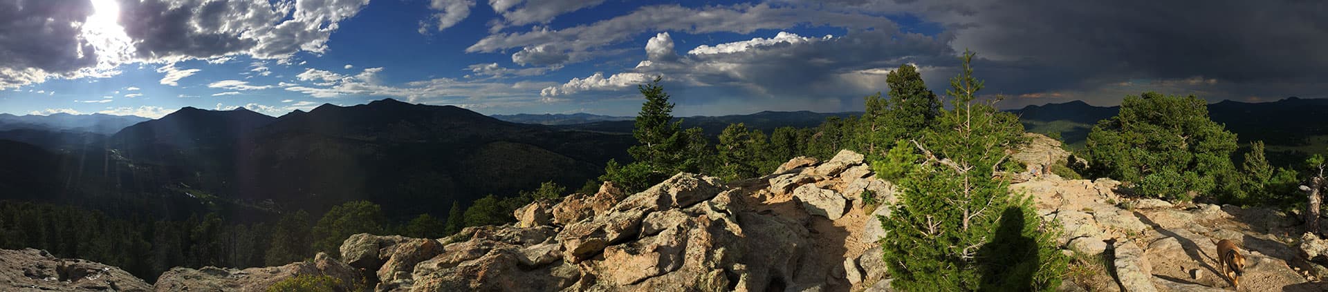 Mountain ridge above Evergreen with pines, granite outcrops and a dog on the trail